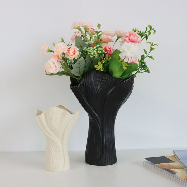 Black Elegant Off White Ceramic Vase Modern Sculptural Flower Holder With Wide Fluted Opening Vases