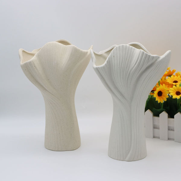 Black Elegant Off White Ceramic Vase Modern Sculptural Flower Holder With Wide Fluted Opening Vases