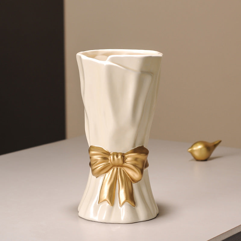 Beige Elegant Ceramic Vase With Golden Bow Accent Textured Relief Flower Holder For Living Room & Dining Table Decor Vases