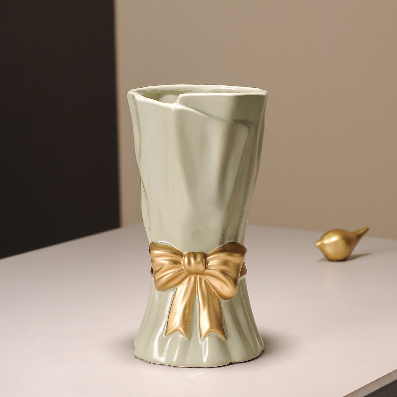 Green Elegant Ceramic Vase With Golden Bow Accent Textured Relief Flower Holder For Living Room & Dining Table Decor Vases