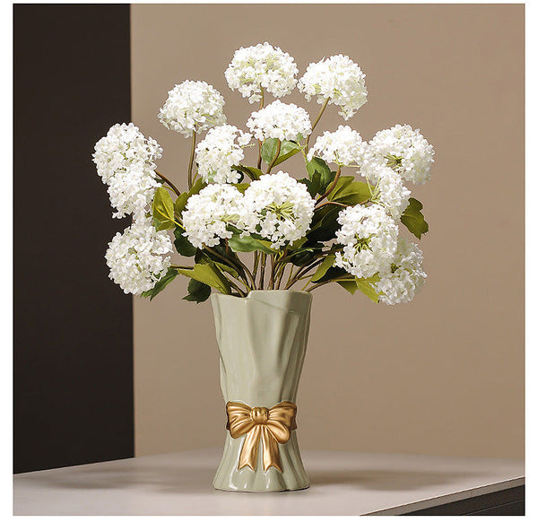 Green Elegant Ceramic Vase With Golden Bow Accent Textured Relief Flower Holder For Living Room & Dining Table Decor Vases