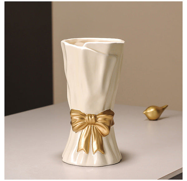 Green Elegant Ceramic Vase With Golden Bow Accent Textured Relief Flower Holder For Living Room & Dining Table Decor Vases