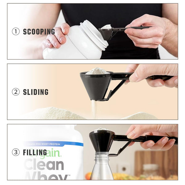 Black 2 Pack No Spill Sliding Scoop & Funnel Mess Free For Protein Powder Coffee Formula Funnels