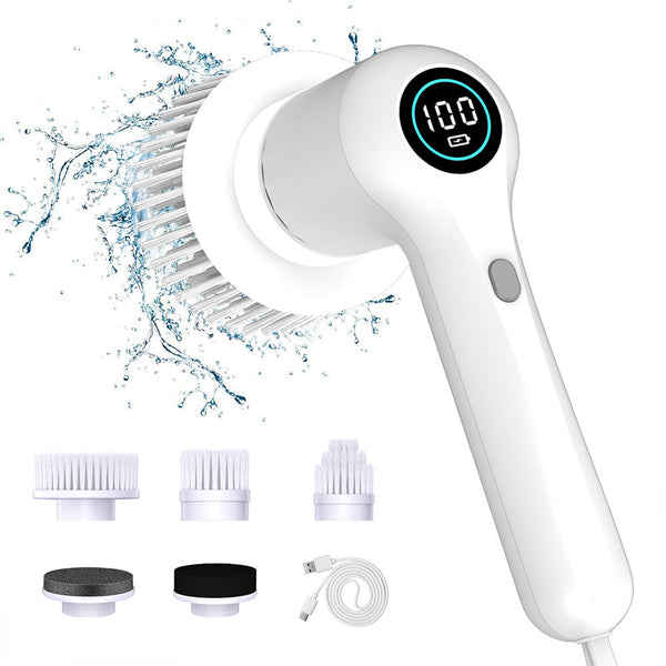 White Rechargeable Electric Spin Scrubber Waterproof Power Cleaning Brush With 5 Heads Digital Display Mops Brooms & Scrubbers