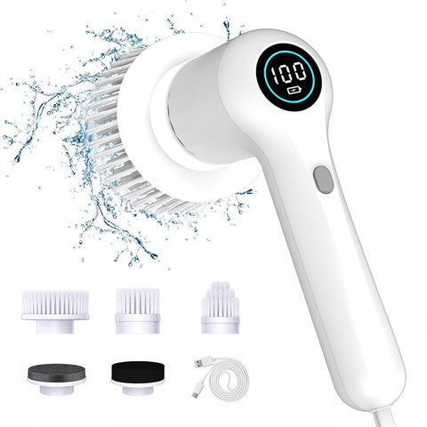White Rechargeable Electric Spin Scrubber Waterproof Power Cleaning Brush With 5 Heads Digital Display Mops Brooms & Scrubbers