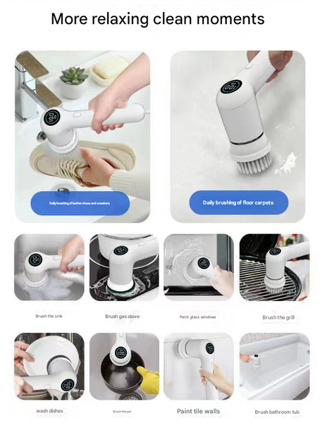 White Rechargeable Electric Spin Scrubber Waterproof Power Cleaning Brush With 5 Heads Digital Display Mops Brooms & Scrubbers