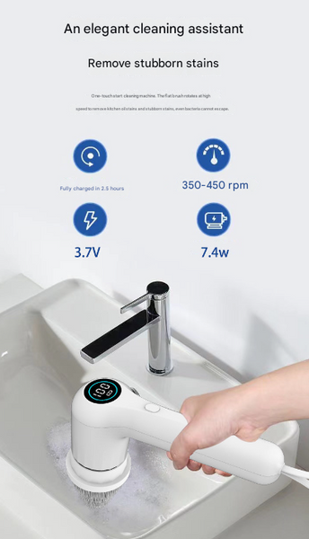 White Rechargeable Electric Spin Scrubber Waterproof Power Cleaning Brush With 5 Heads Digital Display Mops Brooms & Scrubbers