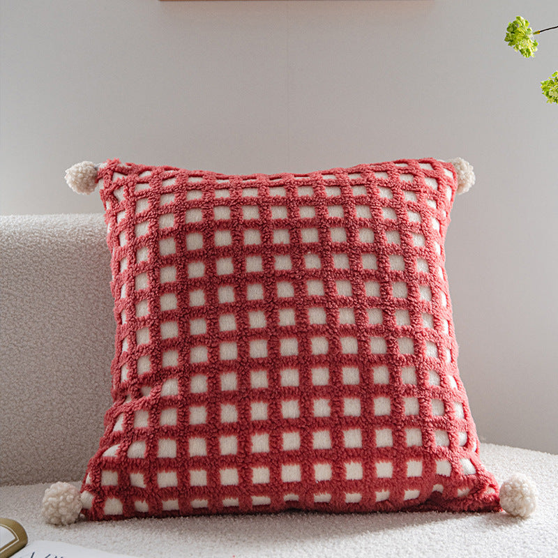 Red And Beige 3D Checkered Cushion Cover With Pom Poms 45X45cm Only Cushion Covers