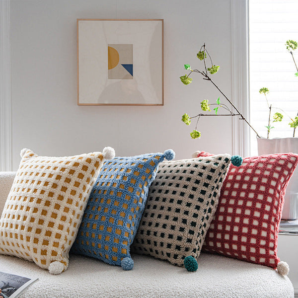 Red And Beige 3D Checkered Cushion Cover With Pom Poms 45X45cm Only Cushion Covers