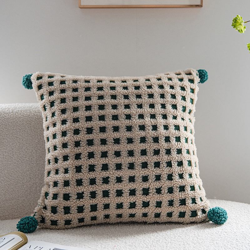 Beige And Green 3D Checkered Cushion Cover With Pom Poms Soft Decorative Pillow Case 45X45cm Only Cushion Covers
