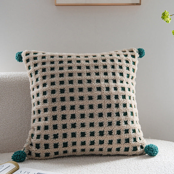 Beige And Green 3D Checkered Cushion Cover With Pom Poms Soft Decorative Pillow Case 45X45cm Only Cushion Covers
