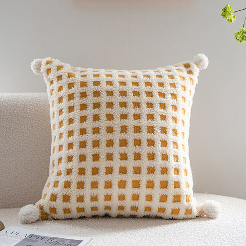 Beige And Yellow 3D Checkered Cushion Cover With Pom Poms Soft Decorative Pillow Case 45X45cm Only Cushion Covers