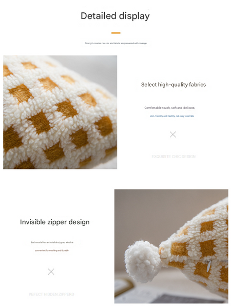 Beige And Yellow 3D Checkered Cushion Cover With Pom Poms Soft Decorative Pillow Case 45X45cm Only Cushion Covers