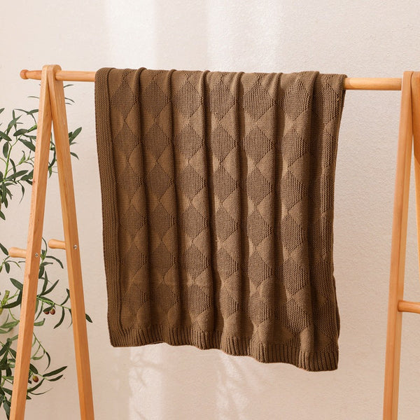 Brown Cozy Lightweight Acrylic Knit Throw Blanket Diamond Waffle Texture For Sofa Bed & Travel Blankets & Throws
