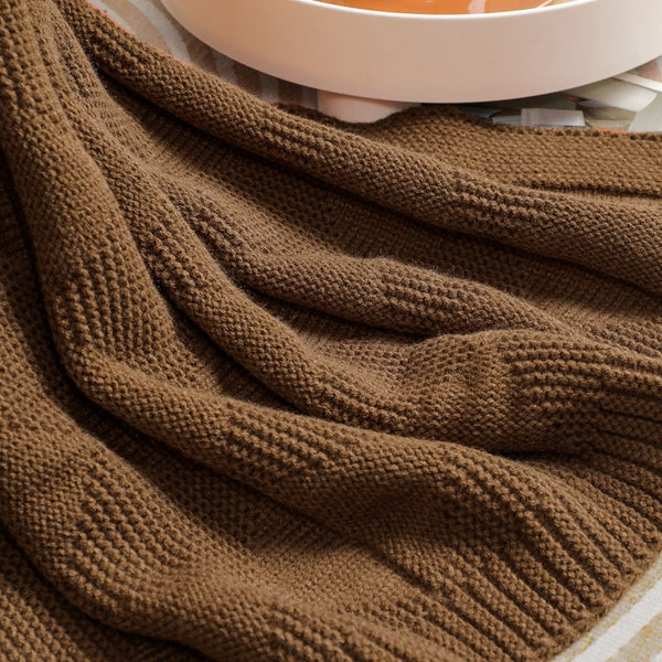 Brown Cozy Lightweight Acrylic Knit Throw Blanket Diamond Waffle Texture For Sofa Bed & Travel Blankets & Throws