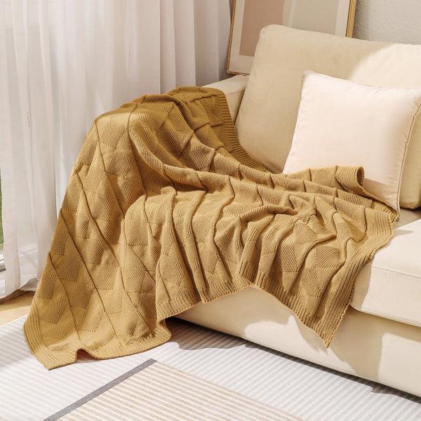 Khaki Cozy Lightweight Acrylic Knit Throw Blanket Diamond Waffle Texture For Sofa Bed & Travel Blankets & Throws