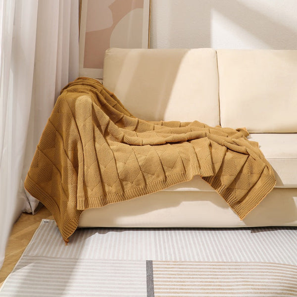 Khaki Cozy Lightweight Acrylic Knit Throw Blanket Diamond Waffle Texture For Sofa Bed & Travel Blankets & Throws