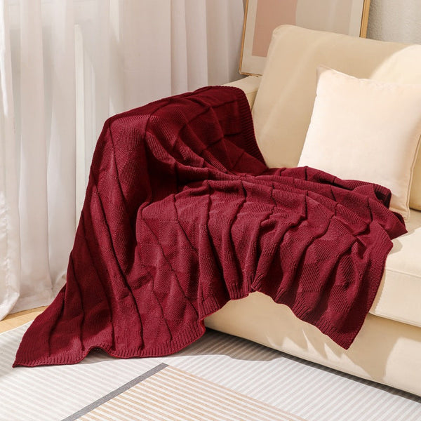 Claret Red Cozy Lightweight Acrylic Knit Throw Blanket Diamond Waffle Texture For Sofa Bed & Travel Blankets & Throws