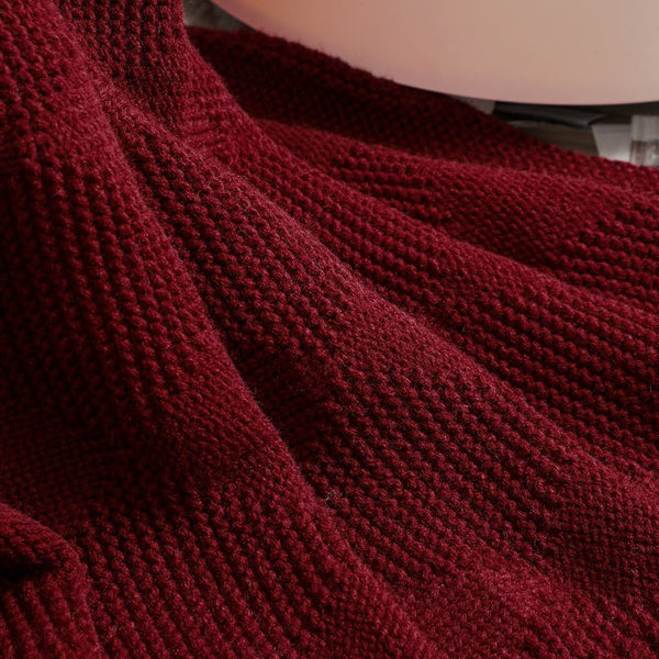 Claret Red Cozy Lightweight Acrylic Knit Throw Blanket Diamond Waffle Texture For Sofa Bed & Travel Blankets & Throws