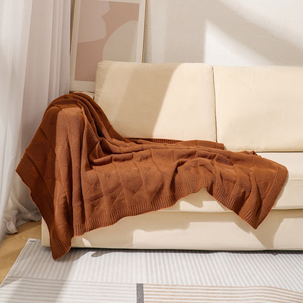 Caramel Cozy Lightweight Acrylic Knit Throw Blanket Diamond Waffle Texture For Sofa Bed & Travel Blankets & Throws