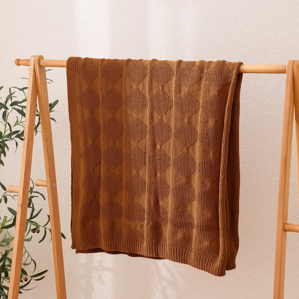 Caramel Cozy Lightweight Acrylic Knit Throw Blanket Diamond Waffle Texture For Sofa Bed & Travel Blankets & Throws