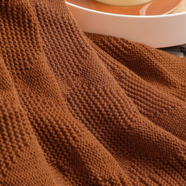 Caramel Cozy Lightweight Acrylic Knit Throw Blanket Diamond Waffle Texture For Sofa Bed & Travel Blankets & Throws