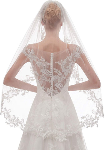 White Elegant Short Bridal Veil Single Tier With Delicate Lace Applique Edge Wedding Hair Accessory Women's Bags & Handbags