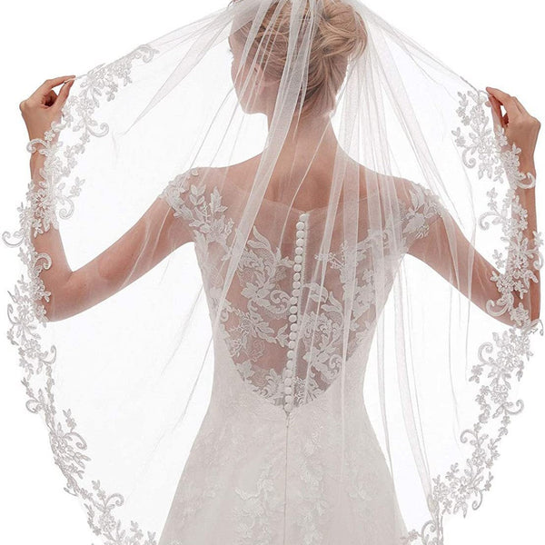 White Elegant Short Bridal Veil Single Tier With Delicate Lace Applique Edge Wedding Hair Accessory Women's Bags & Handbags