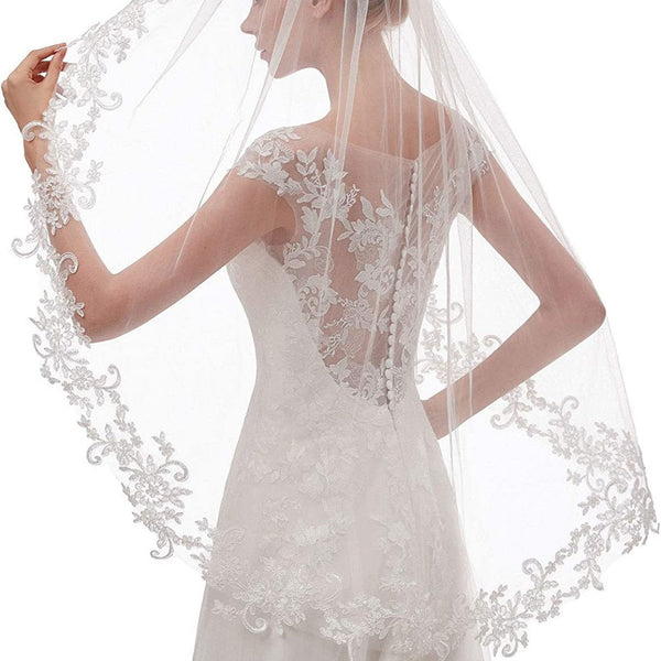 White Elegant Short Bridal Veil Single Tier With Delicate Lace Applique Edge Wedding Hair Accessory Women's Bags & Handbags
