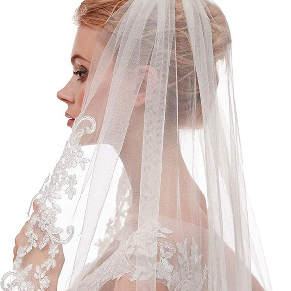 White Elegant Short Bridal Veil Single Tier With Delicate Lace Applique Edge Wedding Hair Accessory Women's Bags & Handbags