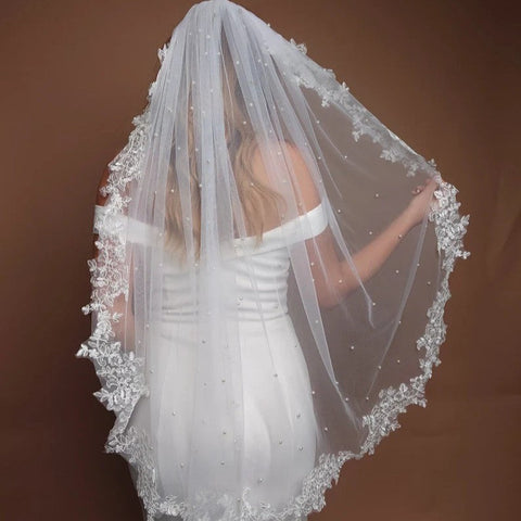 White Elegant Long Bridal Veil With Pearl Accents Lace Edge Includes Metal Comb Wedding Dresses