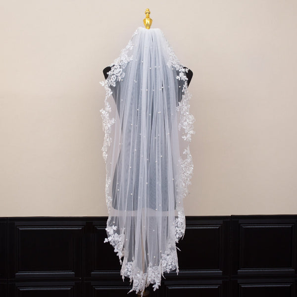 White Elegant Long Bridal Veil With Pearl Accents Lace Edge Includes Metal Comb Wedding Dresses