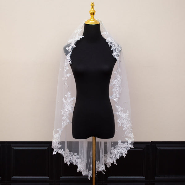 White Elegant Long Bridal Veil With Pearl Accents Lace Edge Includes Metal Comb Wedding Dresses