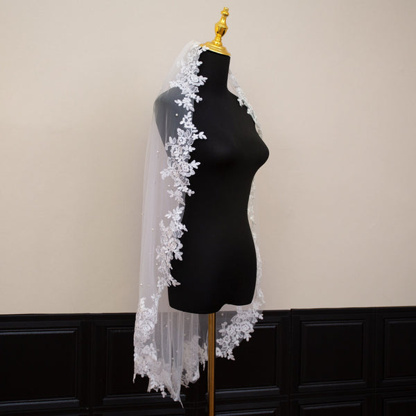 White Elegant Long Bridal Veil With Pearl Accents Lace Edge Includes Metal Comb Wedding Dresses