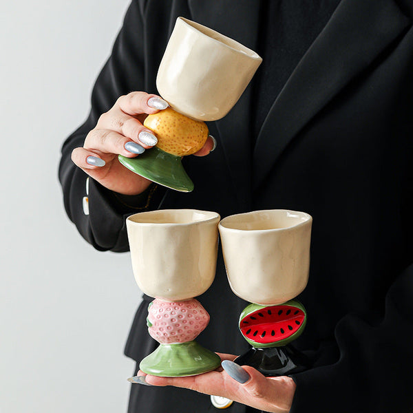 Pink Whimsical Strawberry Stem Ceramic Goblet 150Ml Hand Painted Design Unique Coffee & Drinkware Gift With Box Mugs