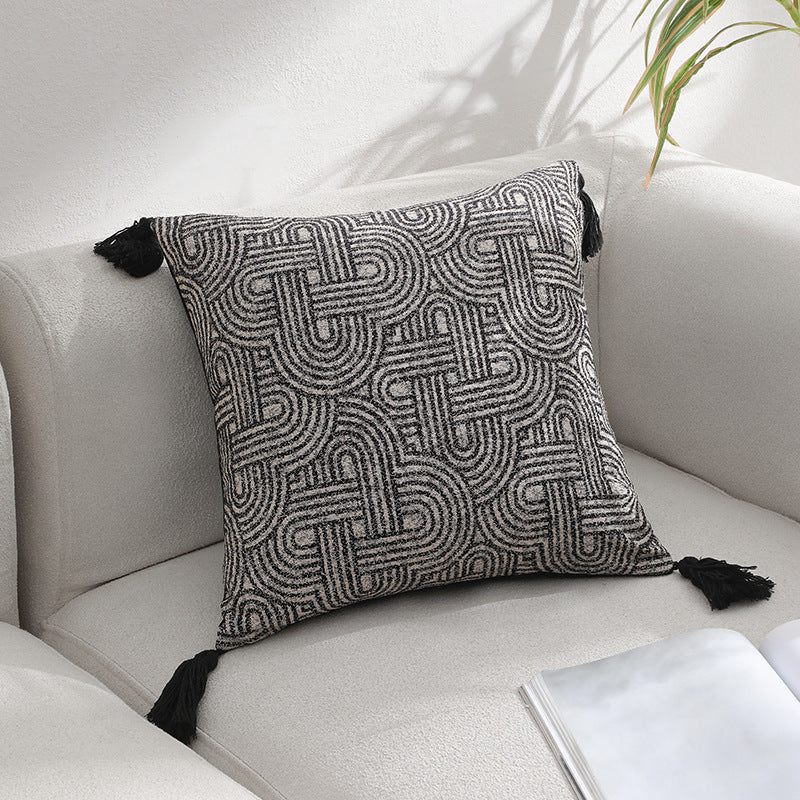 Black Chic Geometric Jacquard With Tassels Set Of 2 Plush Blend For Sofa & Bed Decor (45X45cm Insert Not Included) Cushion Covers