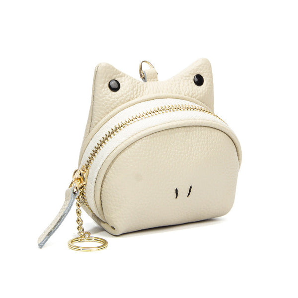 Beige Leather Frog Design Coin Purse Cute Cartoon Mini Wallet Pouch For Keys & Coins With Keyring Wallets