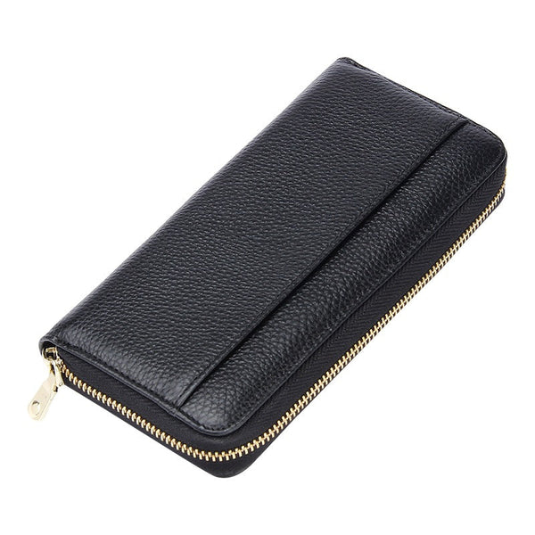 Black Premium Genuine Leather Rfid Blocking Long Wallet Unisex Multi Card Organizer Clutch With Zip Around Closure Wallets