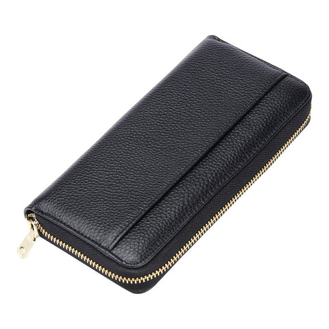 Black Premium Genuine Leather Rfid Blocking Long Wallet Unisex Multi Card Organizer Clutch With Zip Around Closure Wallets