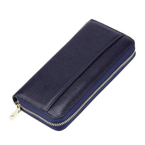 Dark Blue Premium Genuine Leather Rfid Blocking Long Wallet Unisex Multi Card Organizer Clutch With Zip Around Closure Wallets