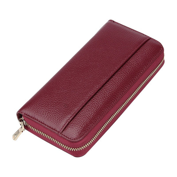 Wine Red Premium Leather Rfid Blocking Long Wallet Unisex Multi Card Organizer Clutch With Zip Around Closure Wallets