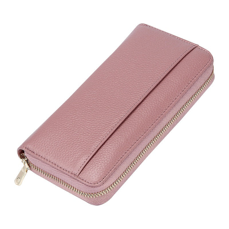 Pink Premium Genuine Leather Rfid Blocking Long Wallet Unisex Multi Card Organiser Clutch With Zip Around Closure Wallets