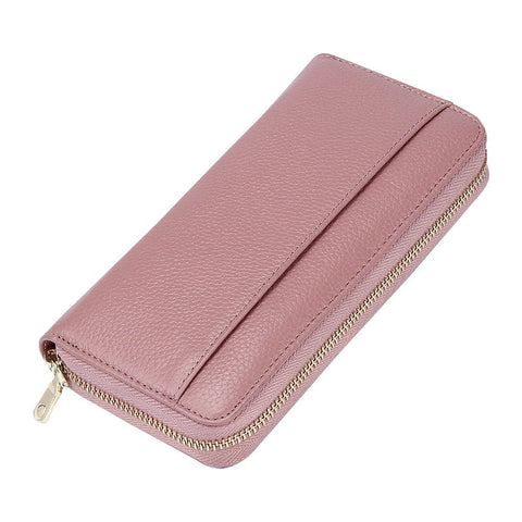 Pink Premium Genuine Leather Rfid Blocking Long Wallet Unisex Multi Card Organiser Clutch With Zip Around Closure Wallets