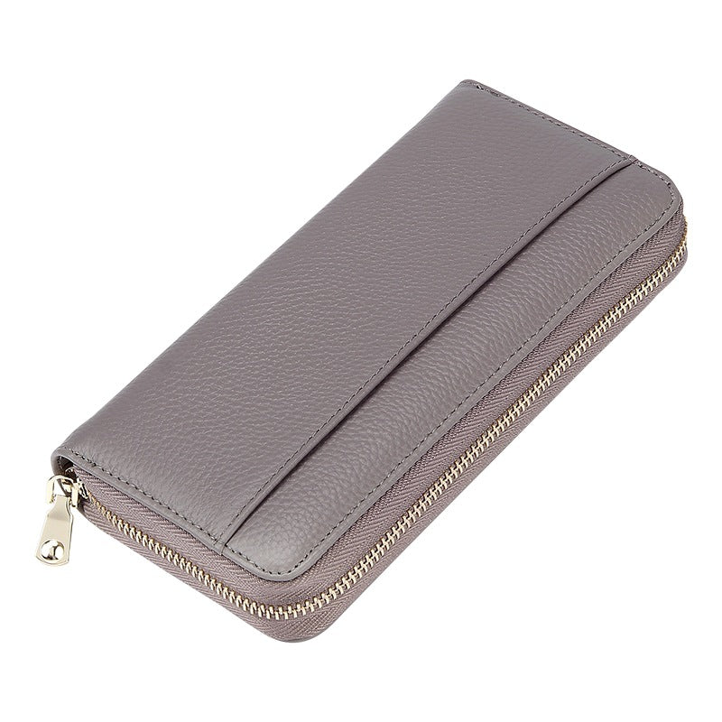 Grey Premium Genuine Leather Rfid Blocking Long Wallet Unisex Multi Card Organizer Clutch With Zip Around Closure Wallets