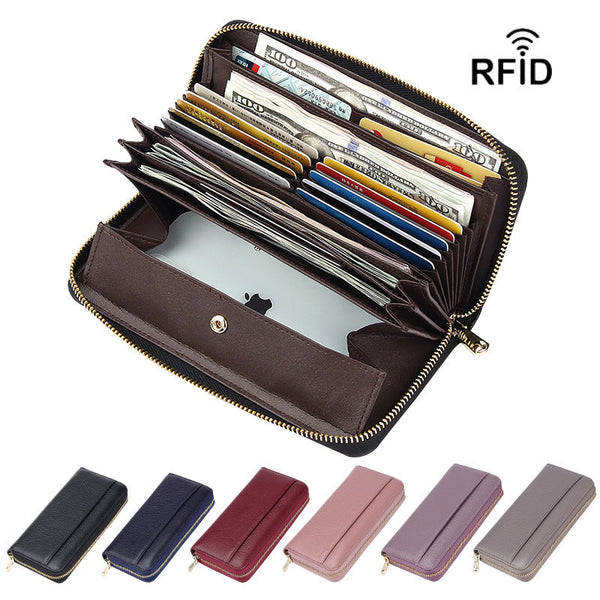 Grey Premium Genuine Leather Rfid Blocking Long Wallet Unisex Multi Card Organizer Clutch With Zip Around Closure Wallets