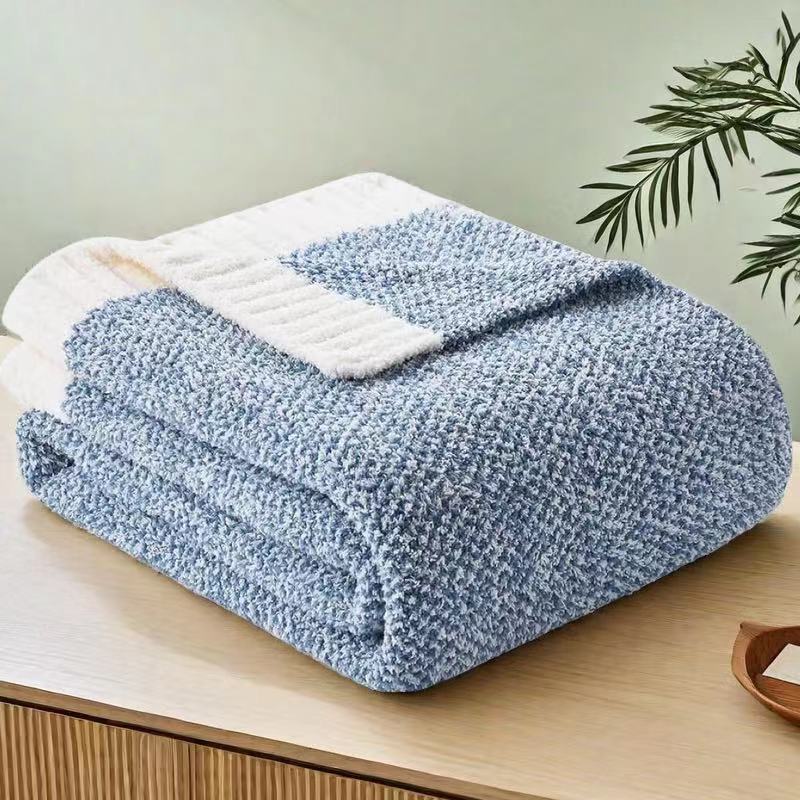 Blue And White Plush Chenille Knit Throw Blanket Soft Cozy Polyester For Bed & Sofa | Textured Two Tone Design (127X153cm) Blankets