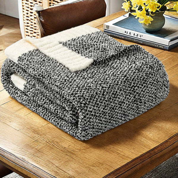 Black And White Plush Chenille Knit Throw Blanket Soft Cozy Polyester For Bed & Sofa | Textured Two Tone Design (127X153cm) Blankets