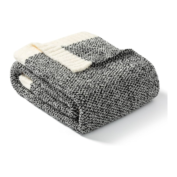 Black And White Plush Chenille Knit Throw Blanket Soft Cozy Polyester For Bed & Sofa | Textured Two Tone Design (127X153cm) Blankets