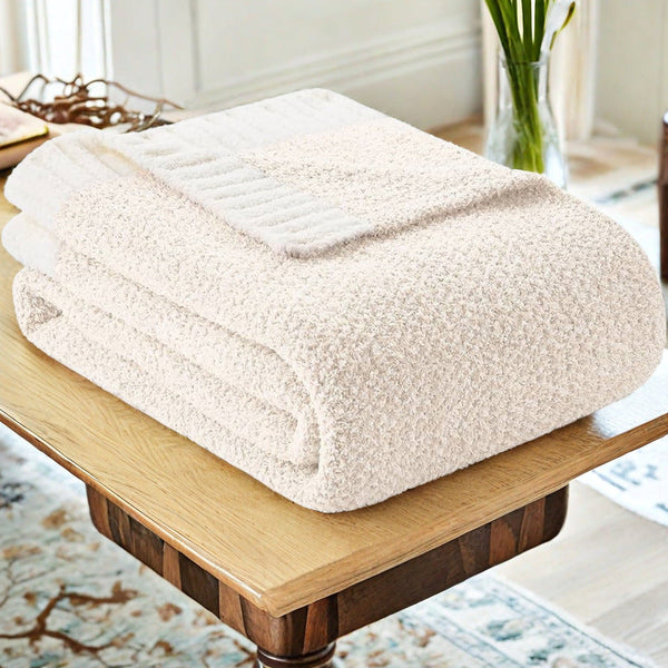 Beige And White Plush Chenille Knit Throw Blanket Soft Cozy Polyester For Bed & Sofa | Textured Two Tone Design (127X153cm) Blankets