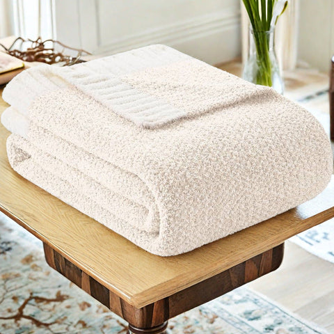 Beige And White Plush Chenille Knit Throw Blanket Soft Cozy Polyester For Bed & Sofa | Textured Two Tone Design (127X153cm) Blankets